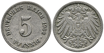 ГЕРМАНИЯ 5 ПФЕННИГОВ 1902 A KM 11, J. 12 медно-никель 39-759