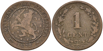 Нидерланды 1 цент 1878 Виллем III (1849-1890) KM 107 бронза 4576-534