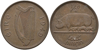 Ирландия 1/2 пенни 1949 свинья с поросятами KM 10 бронза 4146-543