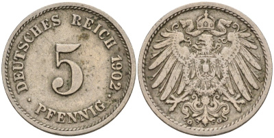 Германия 5 пфеннигов 1902 A KM 11, J. 12 медно-никель 4151-432