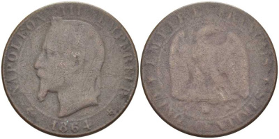 ФРАНЦИЯ 5 САНТИМОВ 1864 ВВ, НАПОЛЕОН III (1852-1870) KM 798.2, LE FRANC 134.12 бронза 175-314