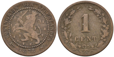 Нидерланды 1 цент 1878 Виллем III (1849-1890) KM 107 бронза 4576-534