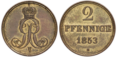 Брауншвейг-Каленберг-Ганновер 2 пфеннига 1853 B, Георг V (1851-1866) KM 217,aKS 152, J. 84 медь 4142-144