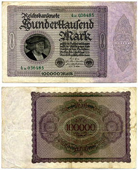 Германия 100000 марок 1923 1 февраля 1923, выпуск (март 1923-5 июля 1925), номер шестизначный, серия 4M 036485 Pick 83, Розенберг 82d бумага 8518-10-1-2