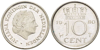 Нидерланды 10 центов 1980 Юлиана (1949-1980) KM 182 никель 211-1255