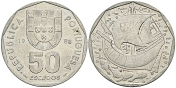 Португалия 50 эскудо 1988 парусник KM 636 медно-никель 4149-114