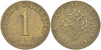 Австрия 1 шиллинг 1960 KM 2886 алюминиевая бронза 4525-533