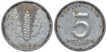 ГДР 5 ПФЕННИГОВ 1950 А алюминий 62-1142
