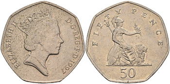 Великобритания 50 пенсов 1997 Елизавета II (1952-2022) KM 940.2, Spink 4351 (H7) медно-никель 4583-1243