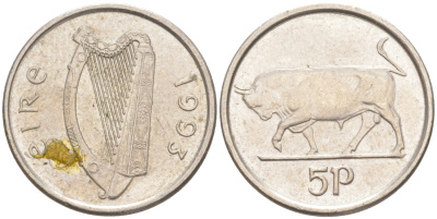 Ирландия 5 пенсов 1993 бык KM 28 медно-никель 188-127