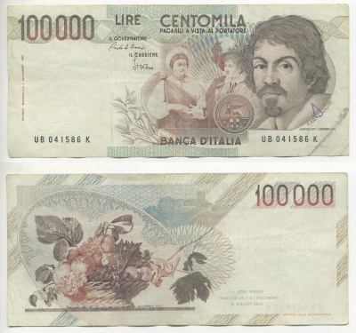 Италия 100000 лир 1983 Караваджо, фруктовый букет, подпись Speziali Pick 110b бумага 7220-27-2