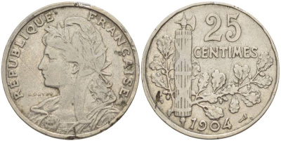 ФРАНЦИЯ 25 САНТИМОВ 1904 KM 856 никель 4551-626