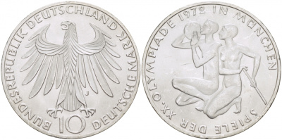 ФРГ 10 марок 1972 J, XX летние Олимпийские Игры, Мюнхен 1972, спортсмены KM 132, J. 403 серебро UNC 4127-122