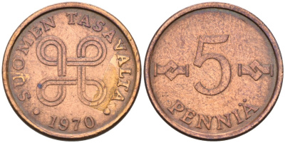 Финляндия 5 пенни 1970 KM 45 медь 4528-618