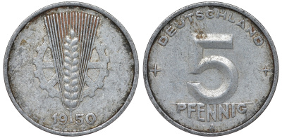 ГДР 5 ПФЕННИГОВ 1950 А алюминий 62-1142