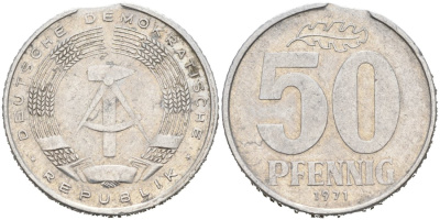ГДР 50 пфеннигов 1971 А, брак заготовки KM 12.2 алюминий 4563-721