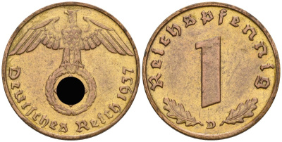 Германия 1 рейхспфенниг 1937 D KM 89, J 361 бронза 4136-457