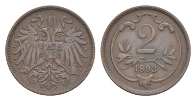 Австрия 2 геллера 1893 Франц Иосиф I (1848-1916) KM 2801 бронза 4639-967