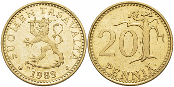 ФИНЛЯНДИЯ 20 ПЕННИ 1989 M KM 47 алюминиевая бронза UNC 3457-843