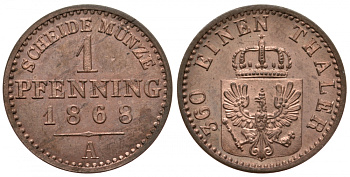 Пруссия 1 пфенниг 1868 А KM 480 медь PROOF 00-806-63