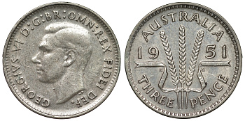 Австралия 3 пенса 1951 m, Георг VI (1937-1952), без букв KM 44 серебро 71-359