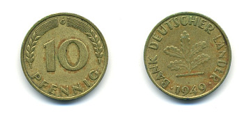 ФРГ 10 ПФЕННИГОВ 1949 G KM 103, J.378 сталь плакированная латунью 80-316