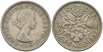 Великобритания 6 пенсов 1957 Елизавета II (1952-2022) KM 903, Spink 4149 медно-никель 75-1535