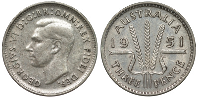 Австралия 3 пенса 1951 m, Георг VI (1937-1952), без букв KM 44 серебро 71-359