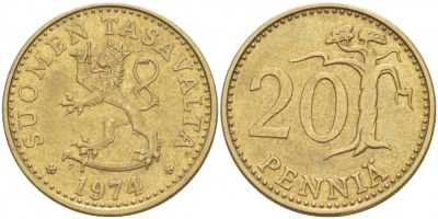 Финляндия 20 пенни 1974 S KM 47 алюминиевая бронза 3718-1253