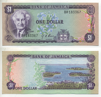 ЯМАЙКА 1 ДОЛЛАР 1970 ПОДПИСЬ 4, СЭР АЛЕКСАНДР БУСТАМАНТЕ, TDLR Pick 54 бумага UNC (ПРЕСС) 7552-72-1