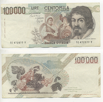 Италия 100000 лир 1983 Караваджо, фруктовый букет, подпись Speziali Pick 110b бумага 7220-14-3
