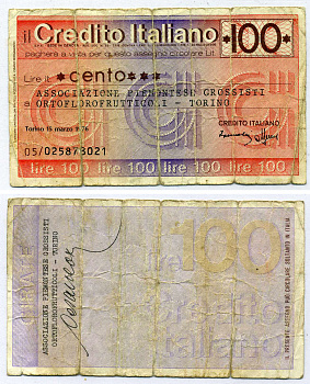 Италия чек на 100 лир 1976 Турин, 15 марта 1976,  Credito Italiano, Torino   бумага   6301-31-1-2