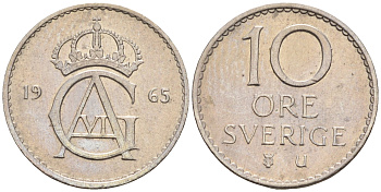 Швеция 10 эре 1965 U, Густав VI Адольф (1950-1973) КМ 835 медно-никель UNC 4169-113