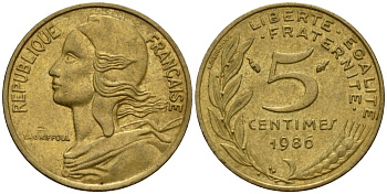 Франция 5 сантимов 1986 KM 933 алюминиевая бронза 4154-1061
