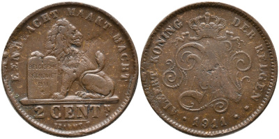 БЕЛЬГИЯ 2 САНТИМА 1911 BELGEN KM 65 медь 4391-243