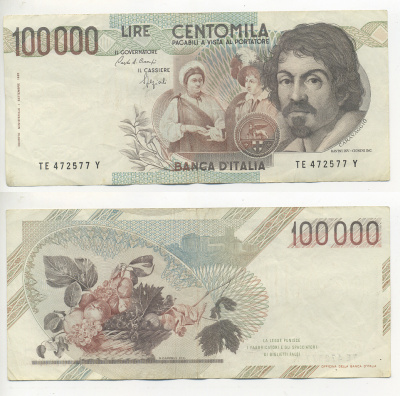 Италия 100000 лир 1983 Караваджо, фруктовый букет, подпись Speziali Pick 110b бумага 7220-14-3