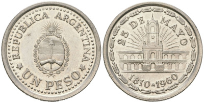Аргентина 1 песо 1960 150 лет свержения Испанского вице-короля (1810-1960) KM 58 сталь плакированная никелем aUNC 4121-1131