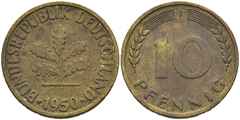 ФРГ 10 ПФЕННИГОВ 1950 J KM 103, J. 378 сталь плакированная латунью 4514-815