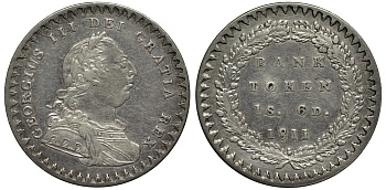 Великобритания 1 шиллинг 6 пенсов 1811 Георг III (1760-1820), банковский токен KM Tn2, Spink 3771 серебро 1523-1321