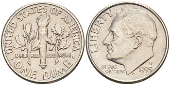 США 10 ЦЕНТОВ = 1 ДАЙМ 1995 D, РУЗВЕЛЬТ KM 195a медь плакированная медно-никелем 188-717