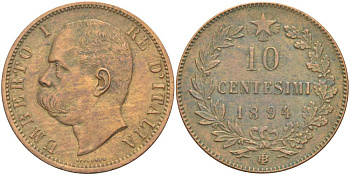 Италия 10 чентезимо 1894 B/I, Умберто I (1878-1900) KM 27.1 медь 4526-1032