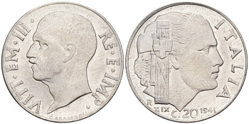 ИТАЛИЯ 20 ЧЕНТЕЗИМО 1941 R, ГОД XIX, ВИКТОР ЭММАНУИЛ III (1900-1946) KM 75b, VEM3. 1028 нержавеющая сталь 3853-1047