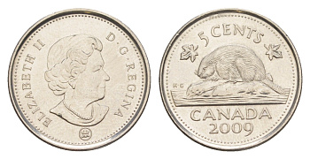 Канада 5 центов 2009 Елизавета II (1952-2022), бобр KM 491 сталь плакированная никелем UNC 4647-1023