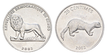 ДР Конго 25 сантимов 2002 Животные - Ласка KM 76 алюминий UNC 4630-1113