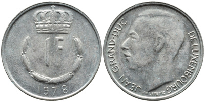 ЛЮКСЕМБУРГ 1 ФРАНК 1978 ВЕЛИКИЙ ГЕРЦОГ ЖАН (1964-2000) KM 55 медно-никель 4391-1052