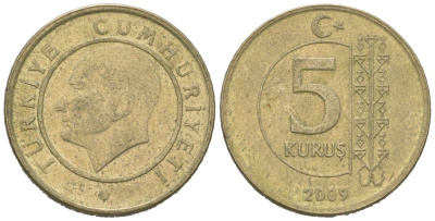 Турция 5 курушей 2009 Кемаль Ататюрк KM 1240 медь цинк никель 4618-423