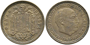 Испания 1 песета 1963 (63) Франсиско Франко (1939-1975) KM 775 алюминиевая бронза 110-1154