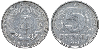 ГДР 5 пфеннигов 1972 A KM 9.1 алюминий 62-236