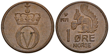 Норвегия 1 эре 1971 Улаф V (1958-1991) KM 403 бронза 4602-252