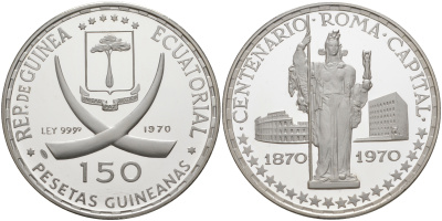 Экваториальная Гвинея 150 песет 1970 100 лет Риму как столице Италии, стоящая Афина KM 16 серебро PROOF 11-161-15